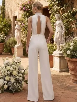 Bridal Jumpsuit Halter Neck Stretch Crepe Lace Floor-Length Jumpsuit Sleeveless Civil Bridal Dress