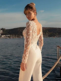 Bridal Jumpsuit Lace Ankle-Length Jewel Neck Long Sleeves Ivory Wedding Jumpsuit With Detachable Train Free Customization