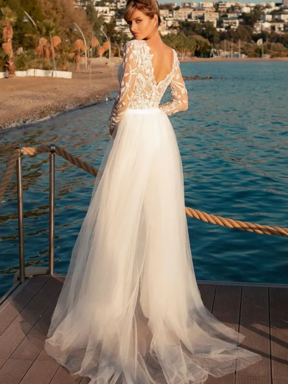 Bridal Jumpsuit Lace Ankle-Length Jewel Neck Long Sleeves Ivory Wedding Jumpsuit With Detachable Train Free Customization