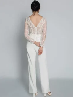 Bridal Jumpsuit Lace Ankle-Length Jewel Neck Long Sleeves Ivory Bridal Dress Free Customization