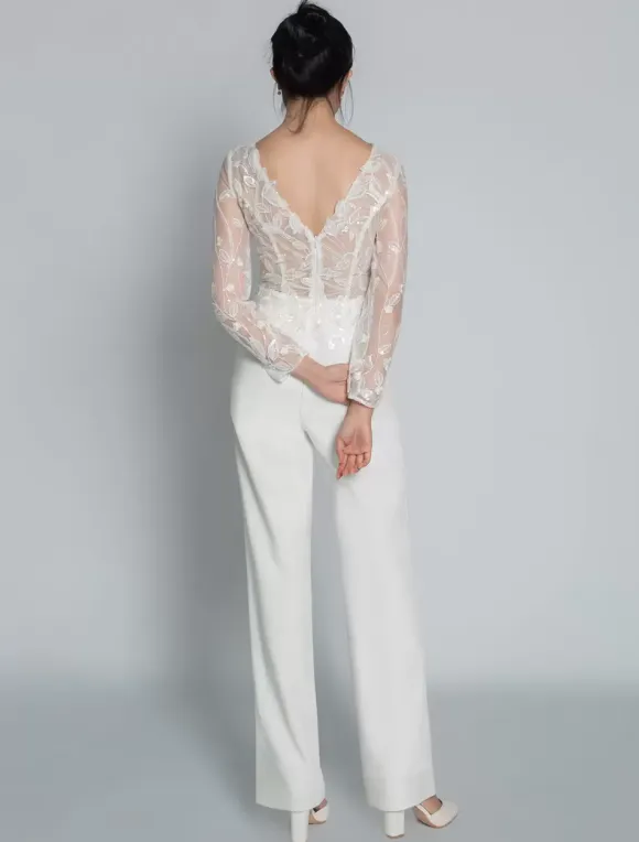Bridal Jumpsuit Lace Ankle-Length Jewel Neck Long Sleeves Ivory Bridal Dress Free Customization