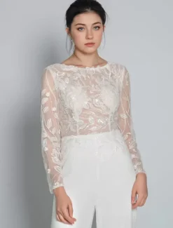 Bridal Jumpsuit Lace Ankle-Length Jewel Neck Long Sleeves Ivory Bridal Dress Free Customization