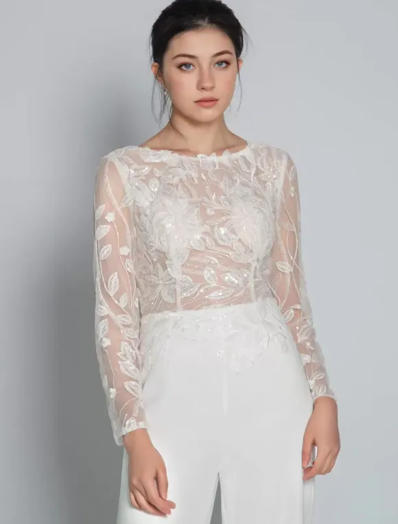 Bridal Jumpsuit Lace Ankle-Length Jewel Neck Long Sleeves Ivory Bridal Dress Free Customization