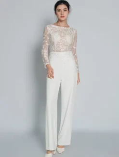 Bridal Jumpsuit Lace Ankle-Length Jewel Neck Long Sleeves Ivory Bridal Dress Free Customization