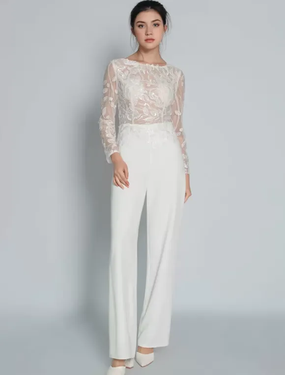 Bridal Jumpsuit Lace Ankle-Length Jewel Neck Long Sleeves Ivory Bridal Dress Free Customization