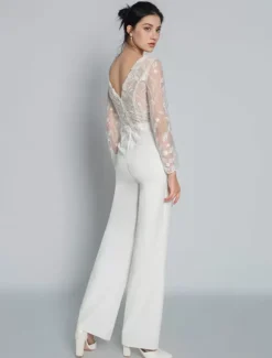 Bridal Jumpsuit Lace Ankle-Length Jewel Neck Long Sleeves Ivory Bridal Dress Free Customization