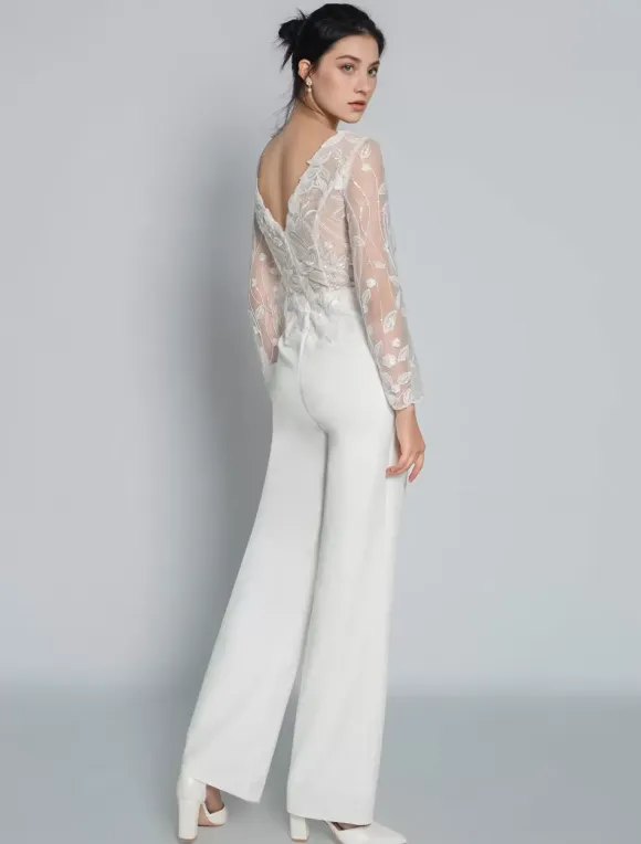 Bridal Jumpsuit Lace Ankle-Length Jewel Neck Long Sleeves Ivory Bridal Dress Free Customization