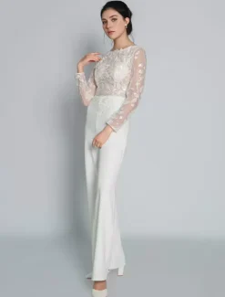 Bridal Jumpsuit Lace Ankle-Length Jewel Neck Long Sleeves Ivory Bridal Dress Free Customization