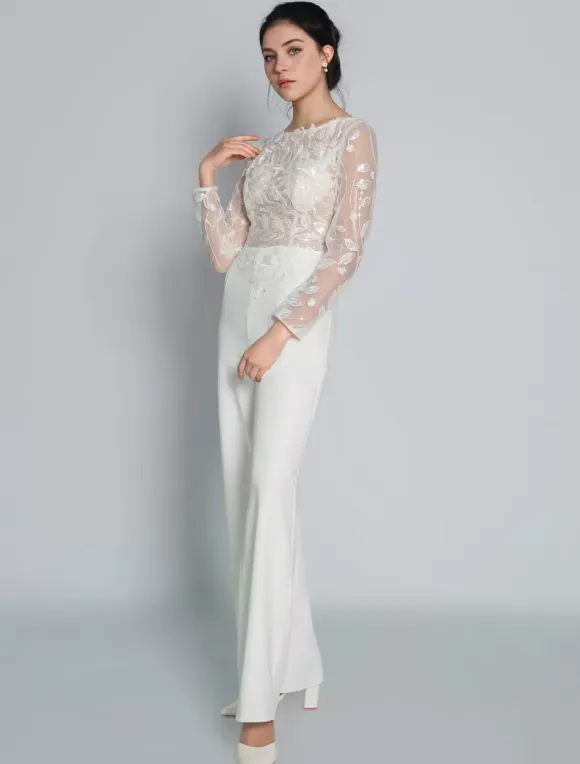 Bridal Jumpsuit Lace Ankle-Length Jewel Neck Long Sleeves Ivory Bridal Dress Free Customization