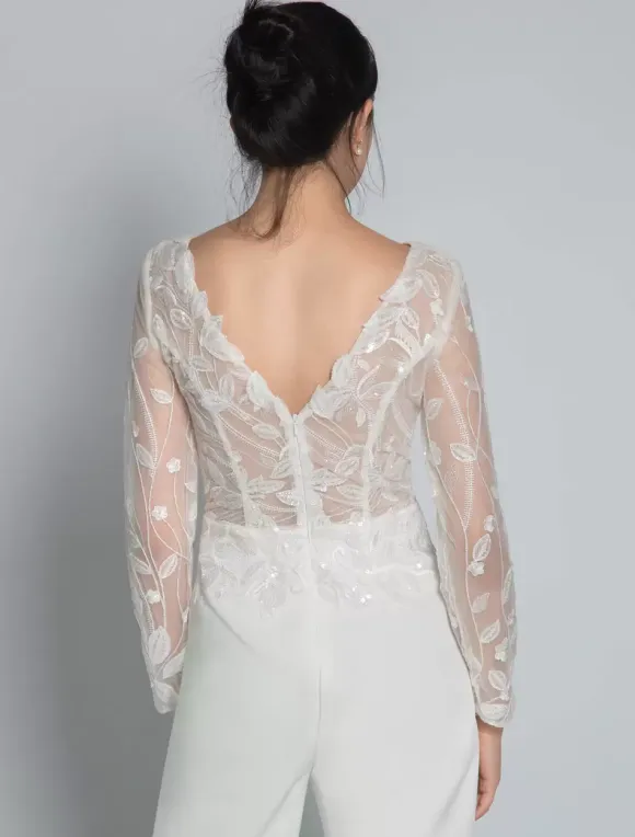 Bridal Jumpsuit Lace Ankle-Length Jewel Neck Long Sleeves Ivory Bridal Dress Free Customization