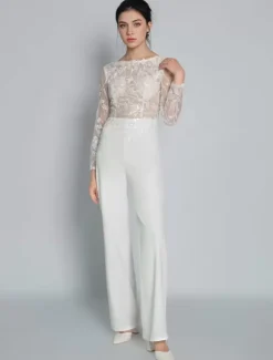 Bridal Jumpsuit Lace Ankle-Length Jewel Neck Long Sleeves Ivory Bridal Dress Free Customization
