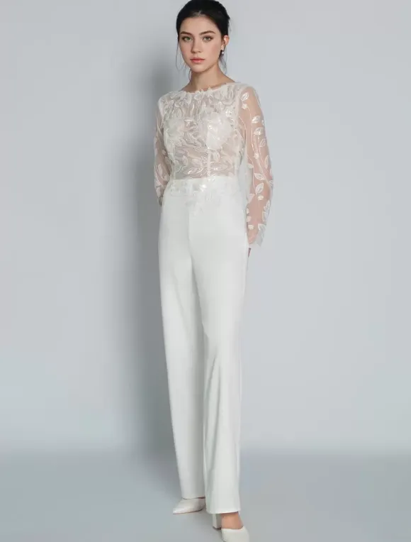 Bridal Jumpsuit Lace Ankle-Length Jewel Neck Long Sleeves Ivory Bridal Dress Free Customization