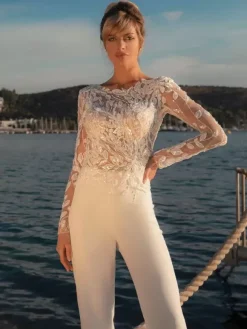 Bridal Jumpsuit Lace Ankle-Length Jewel Neck Long Sleeves Ivory Bridal Dress Free Customization