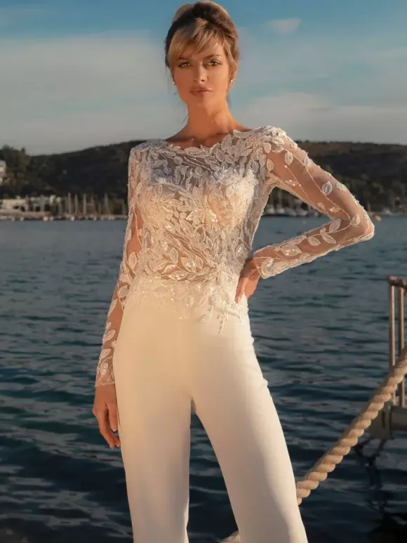 Bridal Jumpsuit Lace Ankle-Length Jewel Neck Long Sleeves Ivory Bridal Dress Free Customization