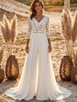 Bridal Jumpsuit Lace Chiffon With Train Jumpsuit V-Neck 3/4 Length Sleeves Natural Waist Ivory