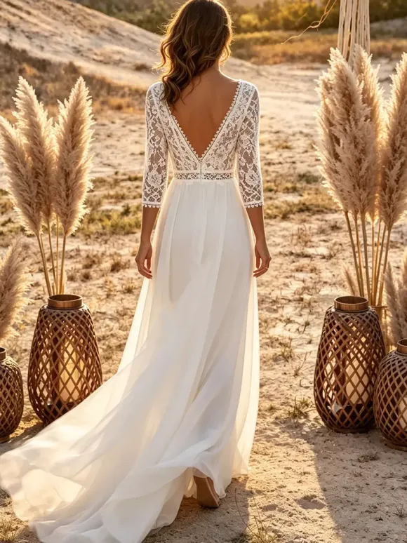 Bridal Jumpsuit Lace Chiffon With Train Jumpsuit V-Neck 3/4 Length Sleeves Natural Waist Ivory