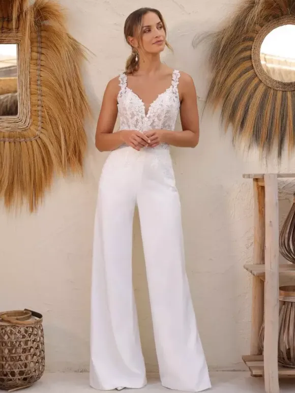 Bridal Jumpsuit Lace Floor-Length Jumpsuit Designed Neckline Removable Long Sleeves Natural Waist Ivory