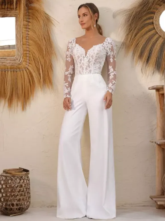Bridal Jumpsuit Lace Floor-Length Jumpsuit Designed Neckline Removable Long Sleeves Natural Waist Ivory