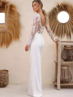 Bridal Jumpsuit Lace Floor-Length Jumpsuit Designed Neckline Removable Long Sleeves Natural Waist Ivory