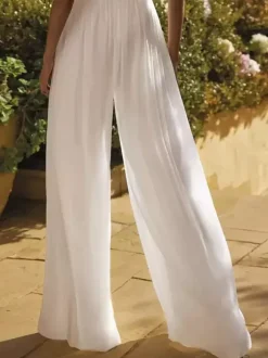 Bridal Jumpsuit Lace Lace Floor-Length Jumpsuit Jewel Neck Short Sleeves Natural Waist Ivory