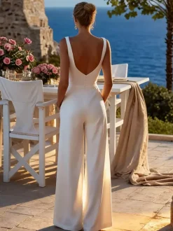 Bridal Jumpsuit Lace Lace Floor-Length Two-piece V-Neck Sleeveless Natural Waist White