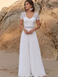 Bridal Jumpsuit Lace Lace Floor-Length Jumpsuit Designed Neckline Short Sleeves Natural Waist Ivory