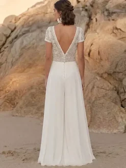 Bridal Jumpsuit Lace Lace Floor-Length Jumpsuit Designed Neckline Short Sleeves Natural Waist Ivory