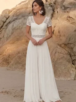 Bridal Jumpsuit Lace Lace Floor-Length Jumpsuit Designed Neckline Short Sleeves Natural Waist Ivory