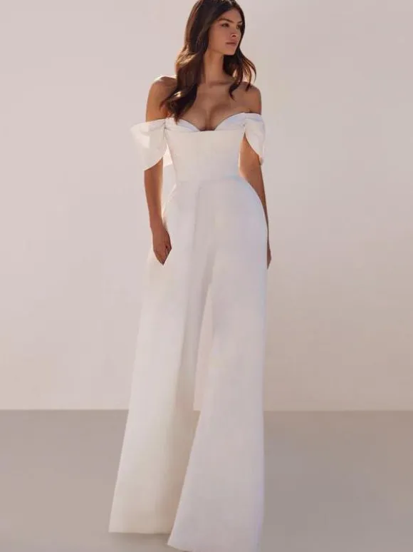 Bridal Jumpsuit Satin Fabric Floor-Length Jumpsuit Strapless Sleeveless Natural Waist Ivory