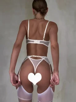 Bridal Lingerie Bridal 3-Piece Lingerie Lace White Bra Panty Garter Sets