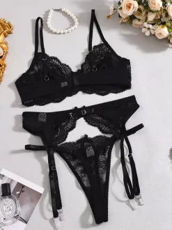 Bridal Lingerie Bridal 3-Piece Lingerie Lace White Bra Panty Garter Sets