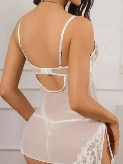 Bridal Lingerie Chemise Babydoll White Sheer Lace Backless Mesh Sleeveless Lingerie