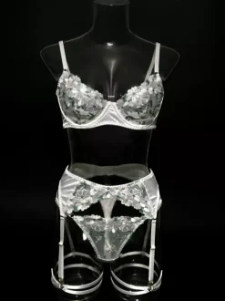 Bridal Lingerie Floral Print Sheer Nets White Bra Panty 4-Piece Sets
