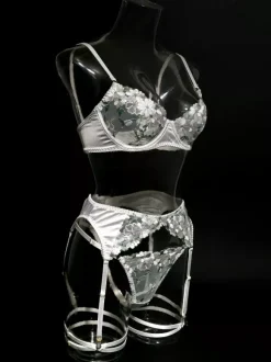 Bridal Lingerie Floral Print Sheer Nets White Bra Panty 4-Piece Sets