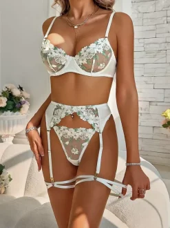 Bridal Lingerie Floral Print Sheer Nets White Bra Panty 4-Piece Sets