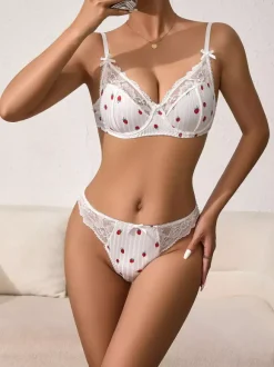 Bridal Lingerie Fruit Pattern Lace White Bra Panty 2-Piece Sets