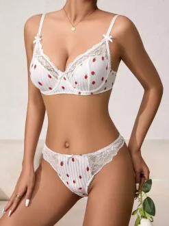 Bridal Lingerie Fruit Pattern Lace White Bra Panty 2-Piece Sets