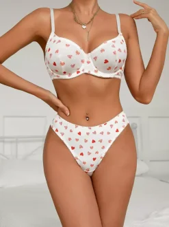 Bridal Lingerie Hearts Pattern Full Body White Bra Panty 2-Piece Sets