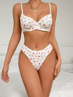 Bridal Lingerie Hearts Pattern Full Body White Bra Panty 2-Piece Sets