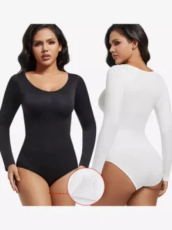 Bridal Lingerie Lingerie Shapewear Coffee Brown Long Sleeves Seamless Long Sleeve Bodysuit Slimming Shaper Plus Size Tummy Control Sculpting Unders