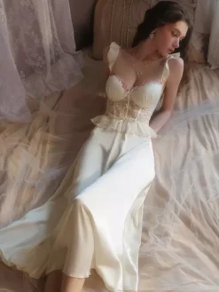 Bridal Lingerie Long Nightgown Apricot Lace Backless Ruffle Straps Tulle Chic Satin Corset-Style Lingerie