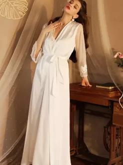Bridal Lingerie Pajamas & Sleepwear White Lace 2-Piece V-Neck Silk-like Lingerie