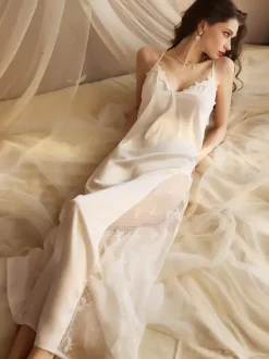 Bridal Lingerie Pajamas & Sleepwear White Lace 2-Piece V-Neck Silk-like Lingerie