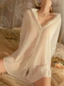 Bridal Lingerie Robes Sexy Sheer White Buttons Layered Transparent Nightgown Shirt Lingerie