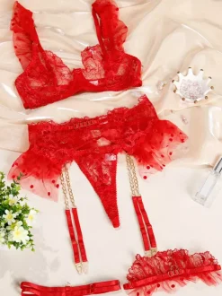 Bridal Lingerie Sexy Bridal Wedding Lingerie 4-Piece Printed Lace White Bra Panty Sets