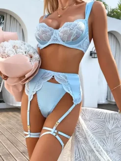 Bridal Lingerie Sheer Lace Floral Print Light Sky Blue 4-Piece Bra Panty Sets