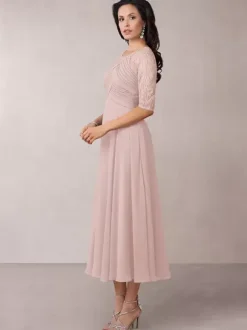 Bridal Mother Dress Flesh Color Jewel Neck Half Sleeves A-Line Lace Pleated Floor-Length Wedding Guest Dresses