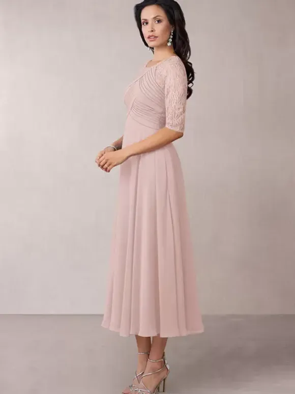 Bridal Mother Dress Flesh Color Jewel Neck Half Sleeves A-Line Lace Pleated Floor-Length Wedding Guest Dresses