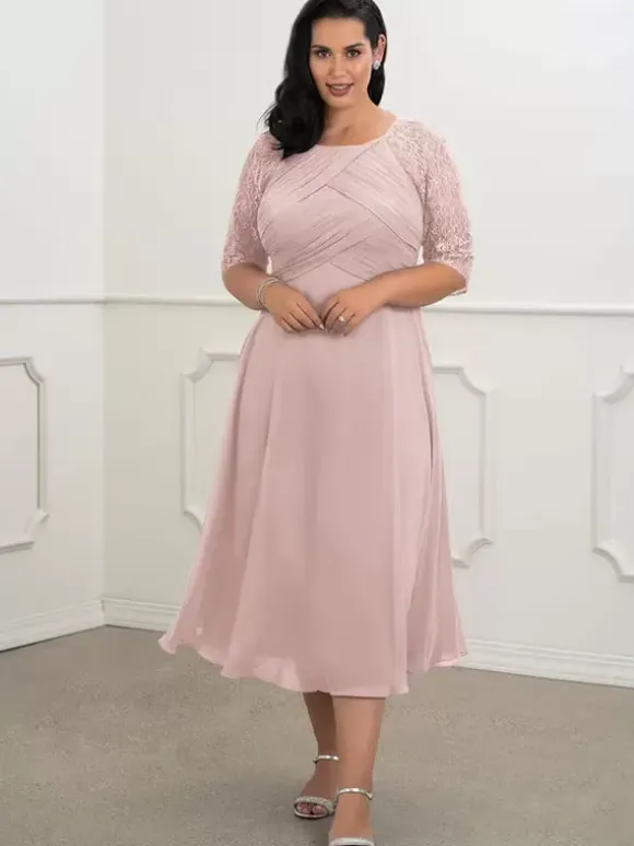 Bridal Mother Dress Flesh Color Jewel Neck Half Sleeves A-Line Lace Pleated Floor-Length Wedding Guest Dresses
