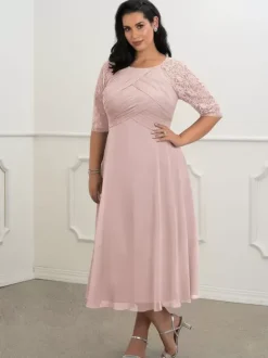 Bridal Mother Dress Flesh Color Jewel Neck Half Sleeves A-Line Lace Pleated Floor-Length Wedding Guest Dresses